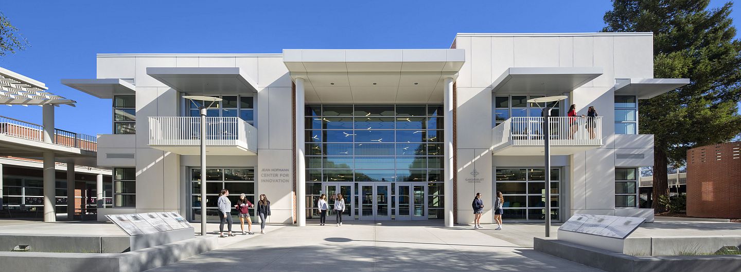 Students walk in front of the Jean Hofmann Center for Innovation.